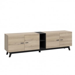 plasma tv realizată din pal melaminat culoare sonoma și negru, cu rafturi pentru depozitare, concepută pentru camera de living.